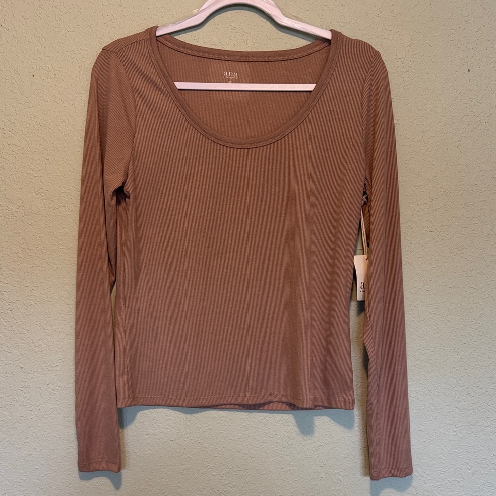 a.n.a Ribbed Scoop Neck Long Sleeve Top - Mauve Tan